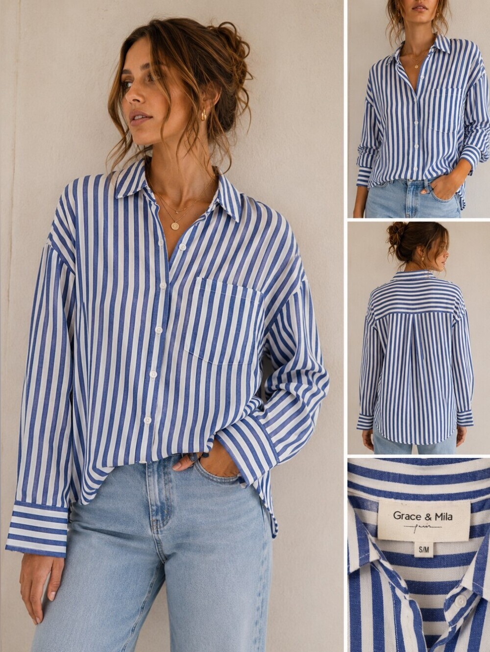 ✨️ Grace & Mila Blue & White Striped Oversized Button Down Blouse | Parisian Coa